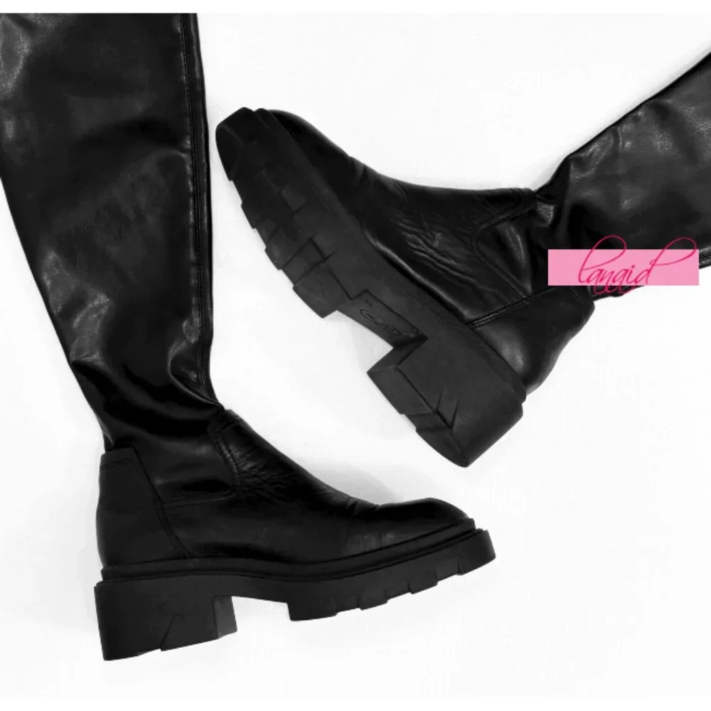 Ash Manny Over-The-Knee Biker Boots Black Thigh-High Leather Chunky Combat Edgy